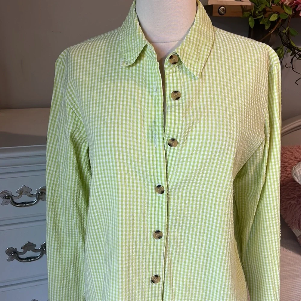 Vintage Bedford Fair Lifestyles Lime Green 90s Seersucker Checked Blouse Women M - Picture 5 of 9